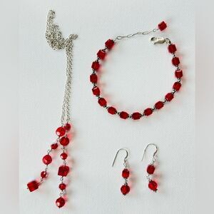 Vintage Sterling Sliver Swarovski Ruby Crystal Necklace, Bracelet & Earrings Set